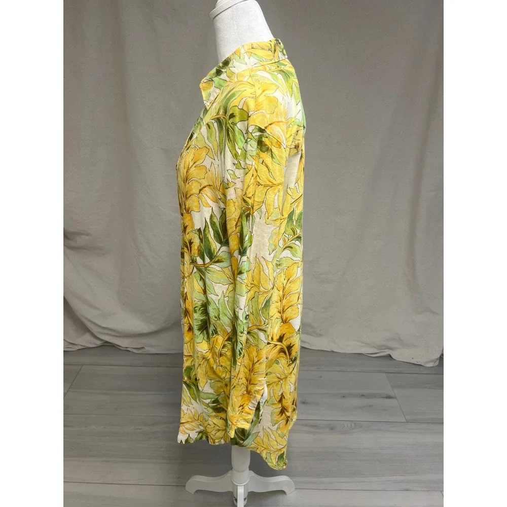 Tahari Linen Long Sleeve Shirt Dress Sz M Tropical‎ Print Coastal Boho Vacation